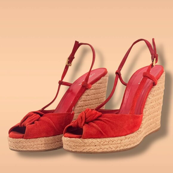 Prada Red Suede Espadrille Wedge Sandals Platform Bow Size 38